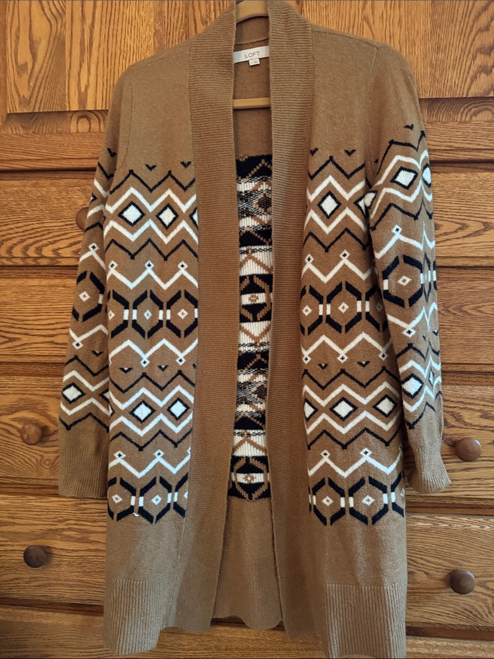 LOFT Camel, White & Black Geometric Open Cardigan Coatigan